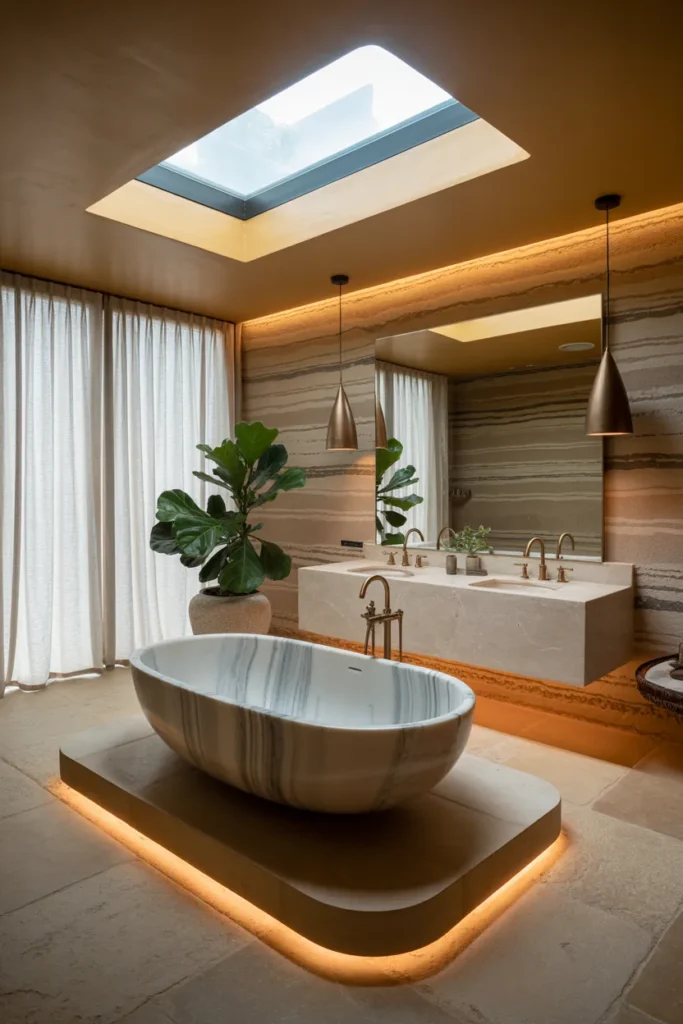 Earthen Luxury Spa – Bathroom with Rammed Earth Walls and Marble Tub