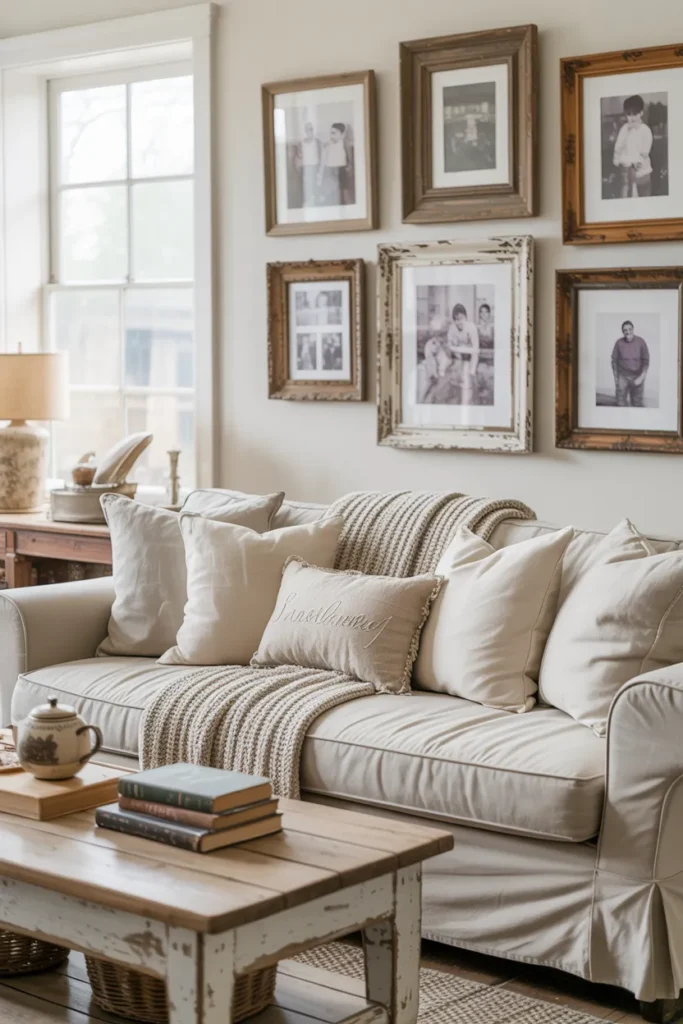 Gallery Wall with Family Photos and Rustic Frames