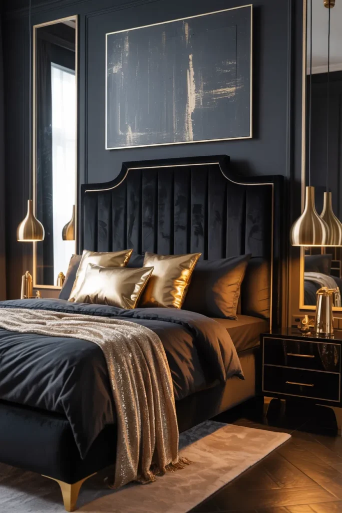 19 Black Bedroom Aesthetic Ideas That Make Dark Interiors Look Irresistible 8 Glam Touch with Gold Highlights