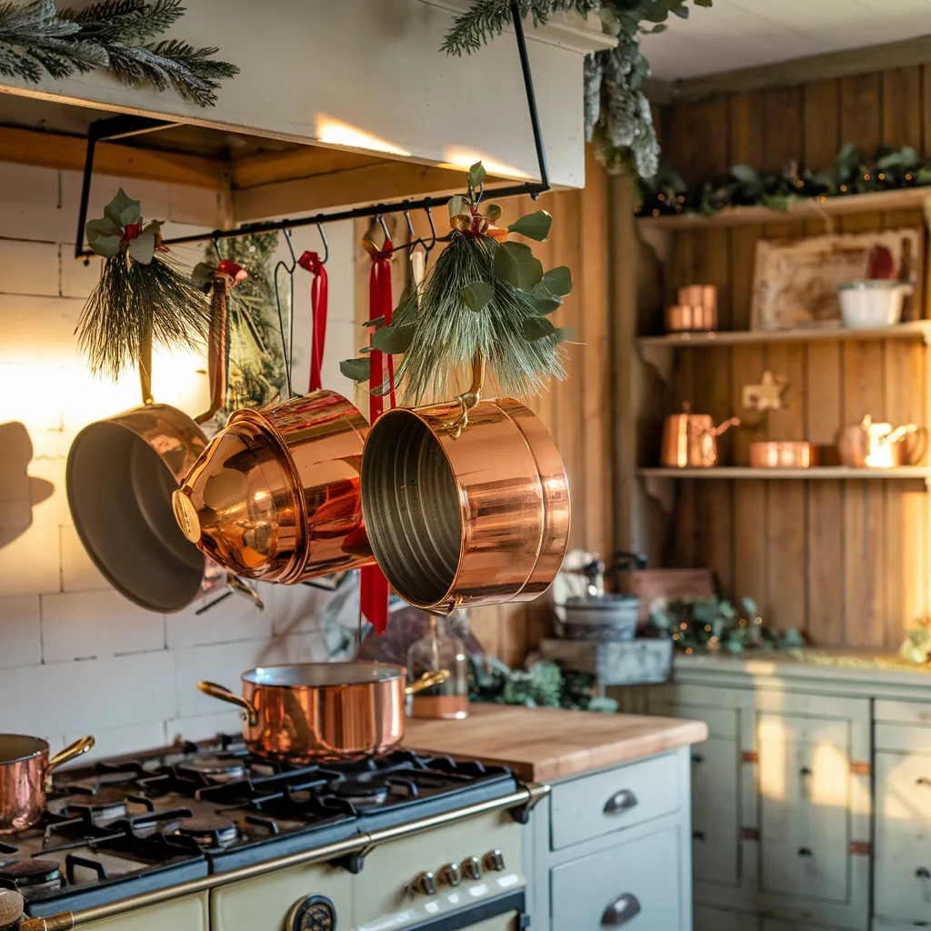 Hanging Copper Pots with Christmas Touches