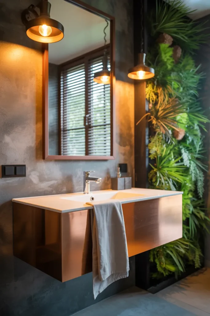 Industrial Glow Retreat – Earthy Bathroom with Metallic Vanity and Green Wall