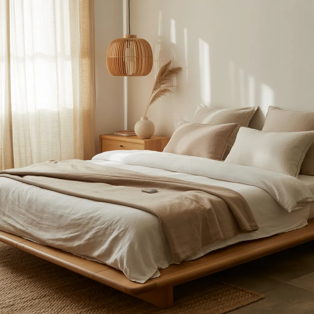 25 Contemporary Bedroom Ideas to Refresh, Relax, and Reimagine Your Space 9 Japandi Calm with Wood and Neutral Hues