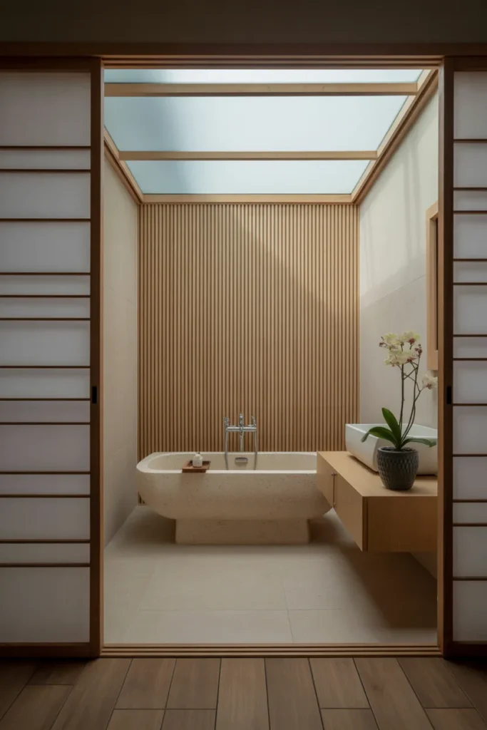 Japandi Serenity – Earthy Bathroom with Minimal Lines and Natural Harmony