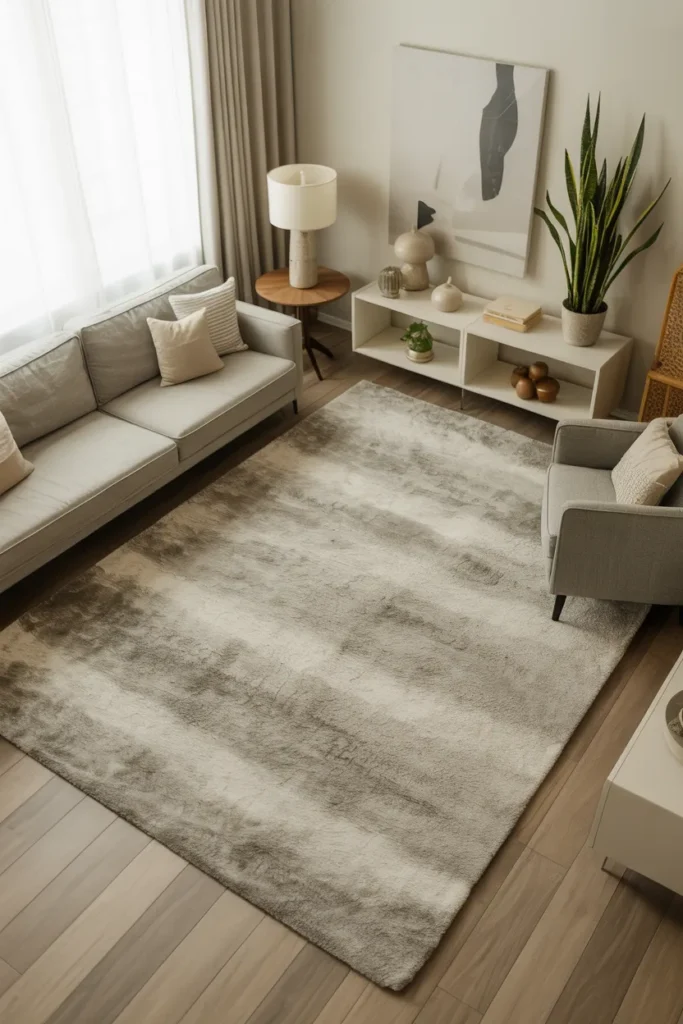 Large, soft rug in neutral tone anchoring the living room’s seating area, with all furniture’s front legs resting on it; ample negative space in the layout for walking paths.