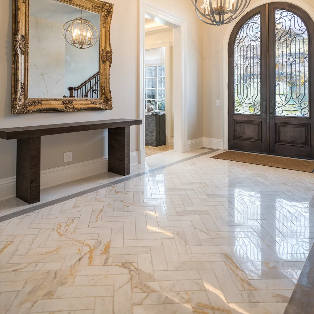Must-See 31+ Floor Tile Designs That Blend Beauty and Durability 9 Marble Herringbone Entry