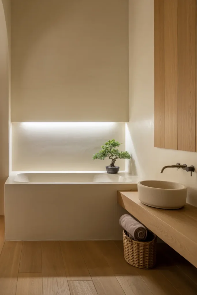 Minimal Zen Escape – Earthy Bathroom with Subtle Warmth and Calm Balance