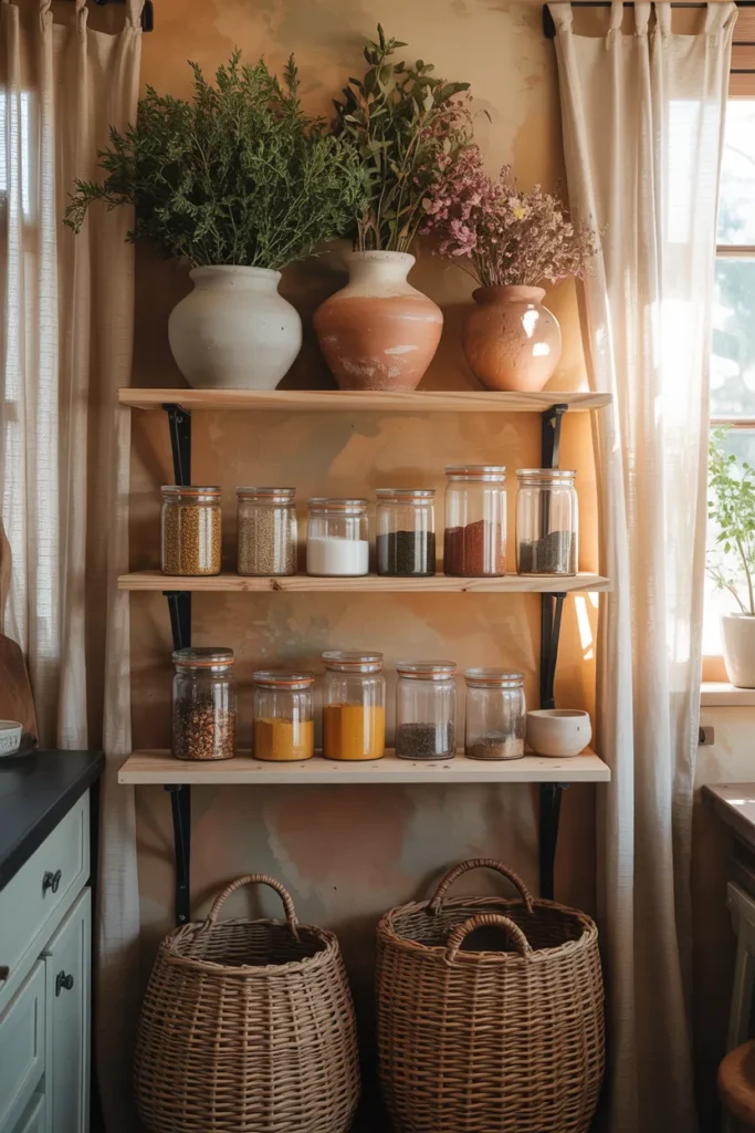 Open Shelving with Clay and Glass Jars
