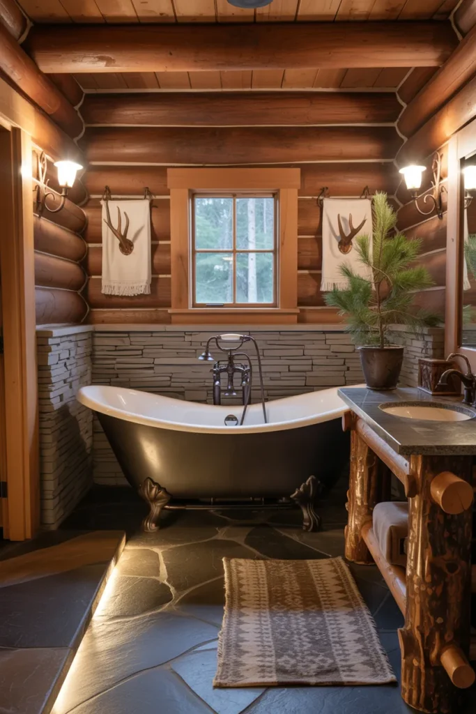 Rustic Cabin Haven – Earthy Bathroom with Log Walls and Stone Accents