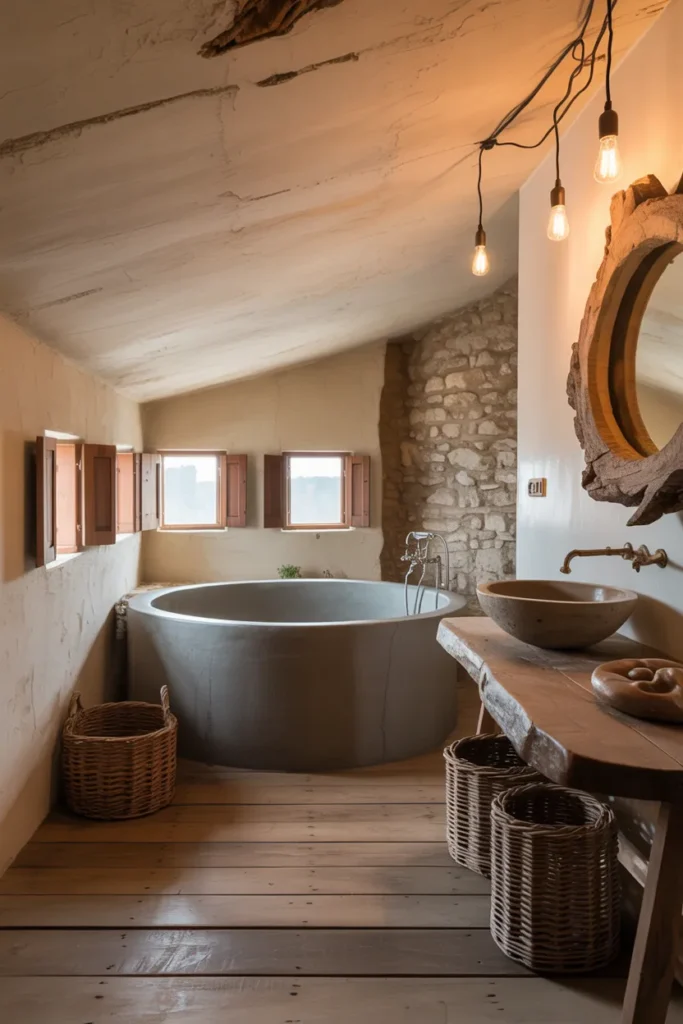 Rustic Loft Retreat – Earthy Bathroom with Stone and Timber Accents