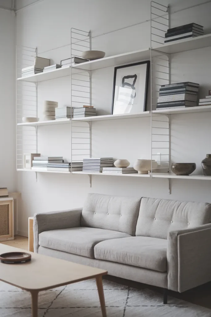 Scandinavian Living Room with Floating Shelves