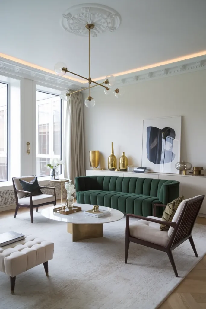 Scandinavian Luxe Living Room with Emerald Sofa