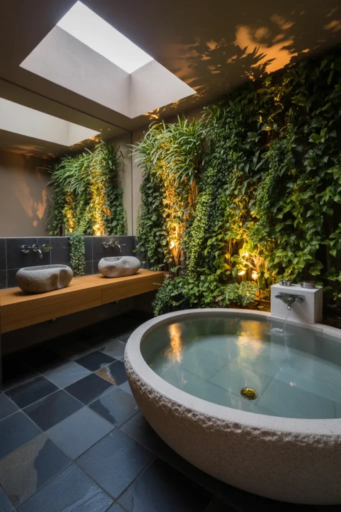 Skylit Green Wall Sanctuary – Earthy Bathroom with Stone Basins