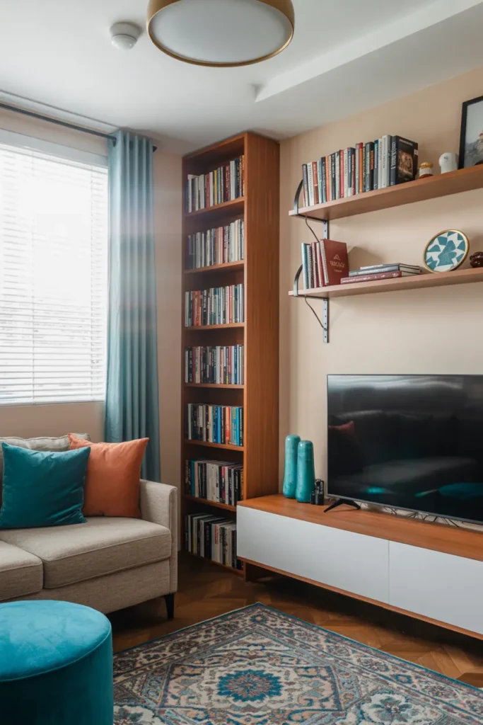 Small living room with tall bookshelf
