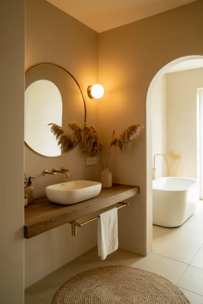 Soft Minimalist Oasis – Earthy Bathroom with Warm Neutrals and Organic Textures