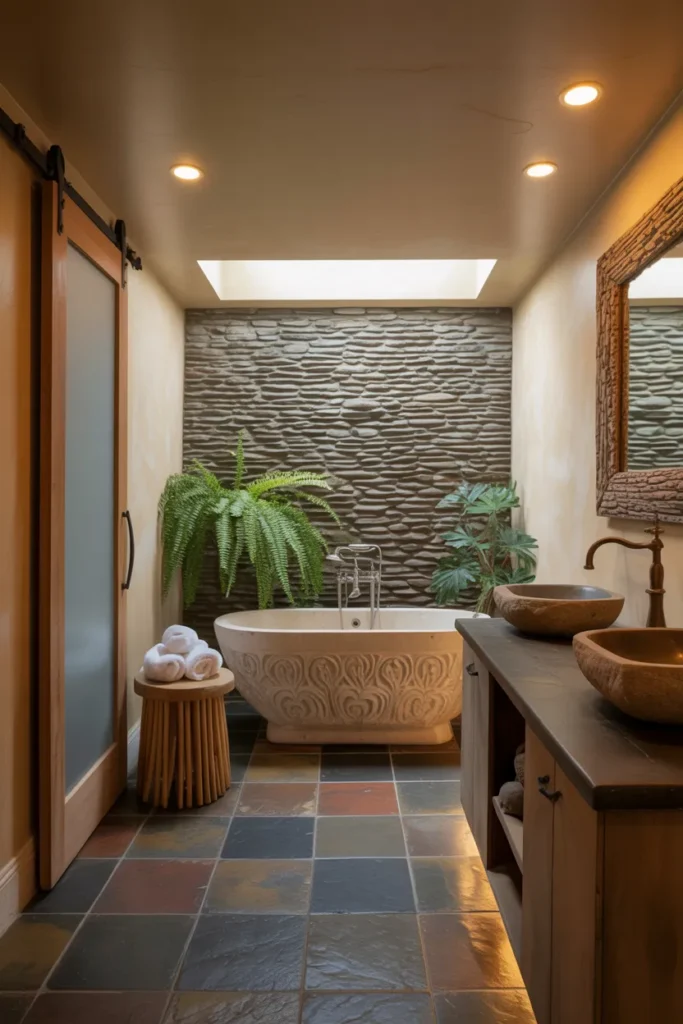 Stone Haven Escape – Earthy Bathroom with Textured Walls and Natural Elegance