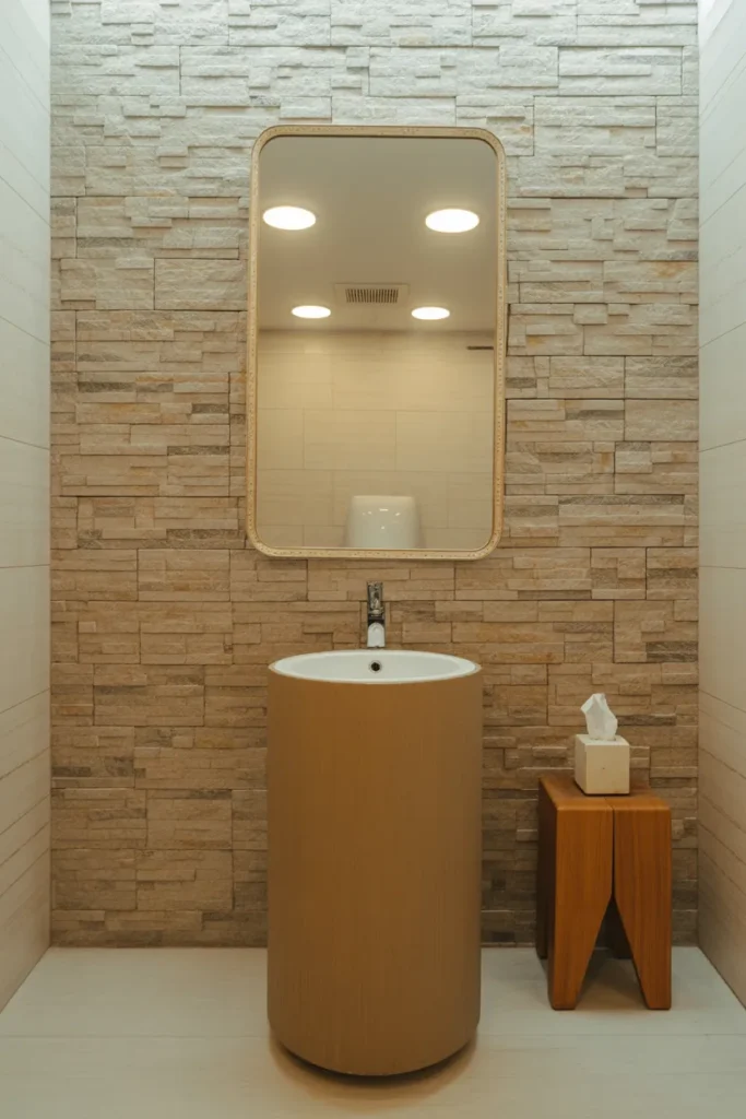 Stone Texture Simplicity – Earthy Bathroom with Minimal Pedestal Sink