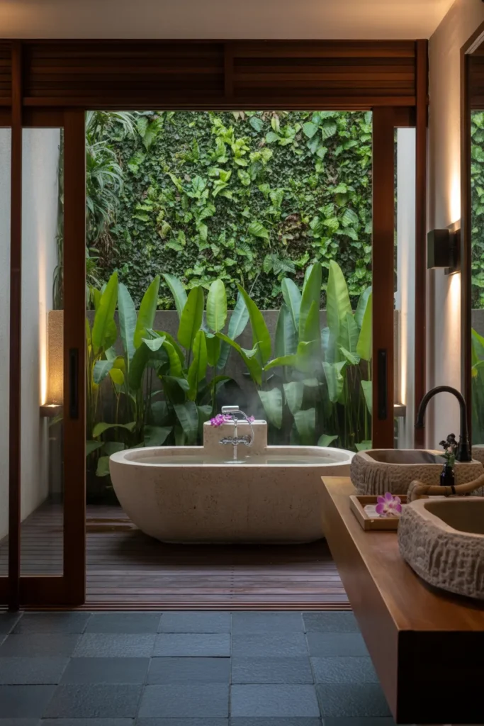 Tropical Serenity Escape – Earthy Bathroom with Garden Views