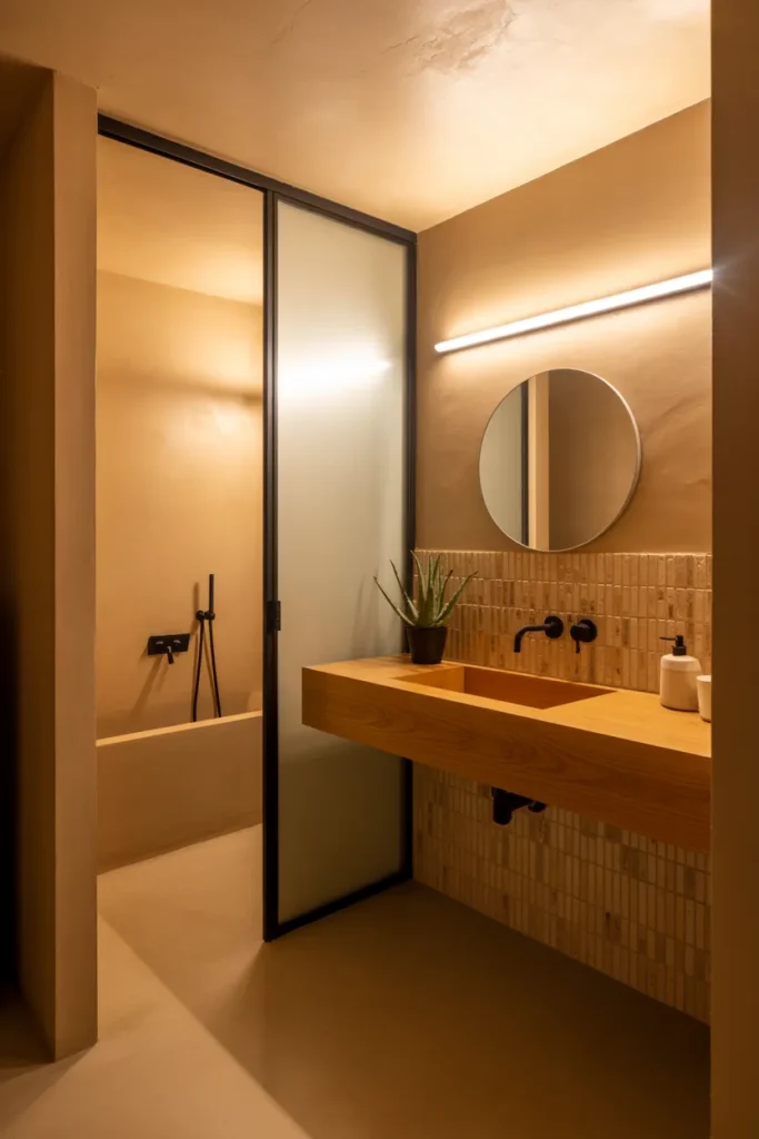 Urban Clay Retreat – Earthy Bathroom with Warm Tones and Minimalist Flow