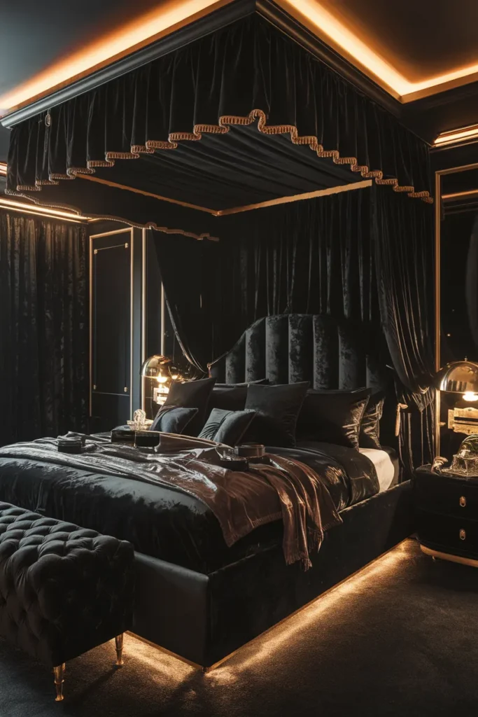 19 Black Bedroom Aesthetic Ideas That Make Dark Interiors Look Irresistible 3 Velvet Luxury in Black Tones
