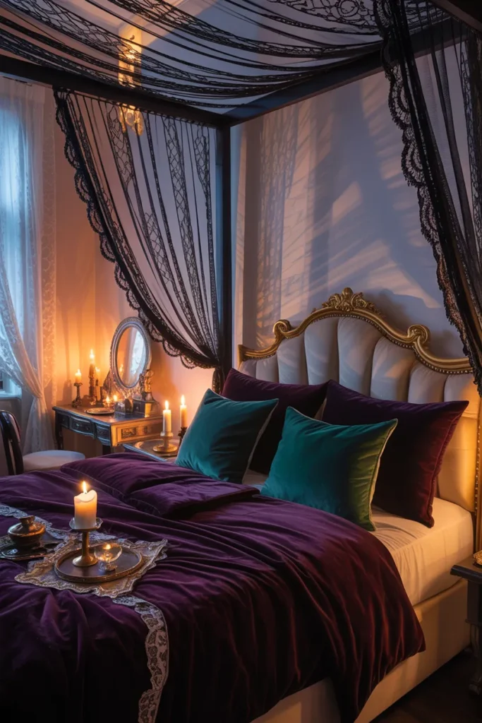 35 Witchy Bedroom Ideas to Transform Your Space into a Magical Sanctuary 16 Velvet and Lace Textures