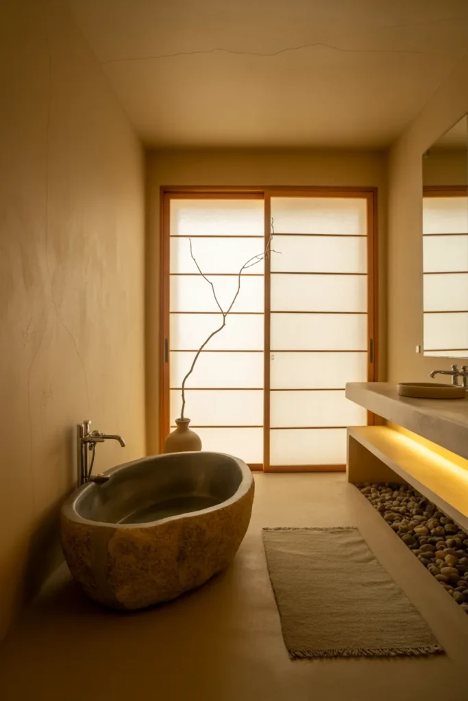 Wabi-Sabi Harmony – Earthy Bathroom with Raw Stone and Soft Light