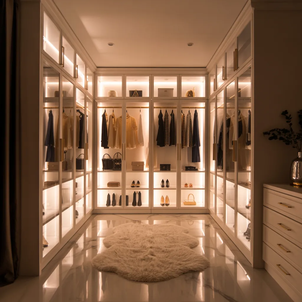 20 Dressing Room Design Ideas That Prove Organization Can Be Beautiful 2 Walk-In Dressing Room with Glass Wardrobes