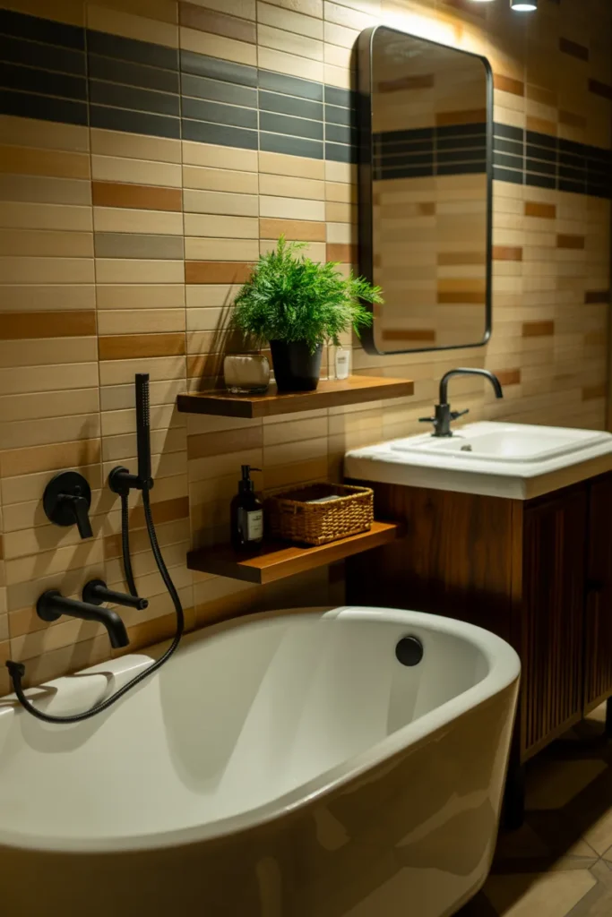 Warm Minimal Earth – Bathroom with Striped Tiles and Matte Black Fixtures