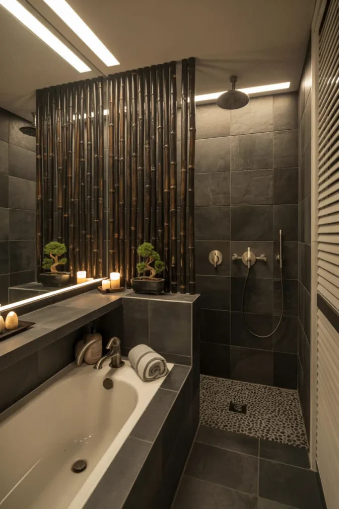 Zen-Inspired Dark Bathroom with Bamboo Accents
