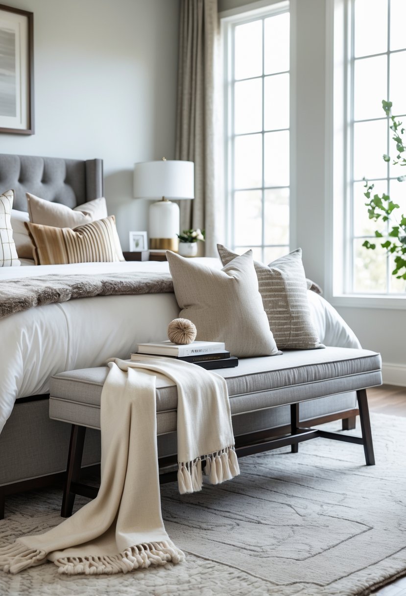 How to Style a Bedroom Bench Like a Designer: Expert Ideas & Tips 2 A bedroom with a bench at the foot of the bed styled with pillows, a throw blanket, and books, with natural light coming through a window.