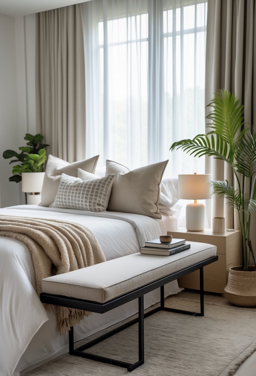 How to Style a Bedroom Bench Like a Designer: Expert Ideas & Tips 4 A bedroom with a bench at the foot of the bed, decorated with pillows, a throw blanket, and a stack of books, next to a window with curtains and a potted plant nearby.
