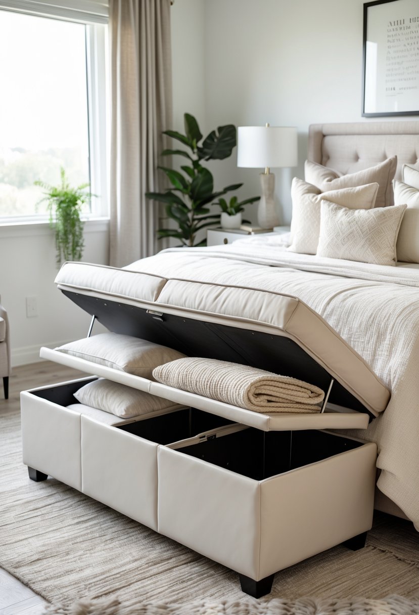 How to Style a Bedroom Bench Like a Designer: Expert Ideas & Tips 5 A bedroom with a cushioned bench at the foot of the bed, showing storage compartments with blankets inside, surrounded by a bed, bedside table, lamp, and plants.