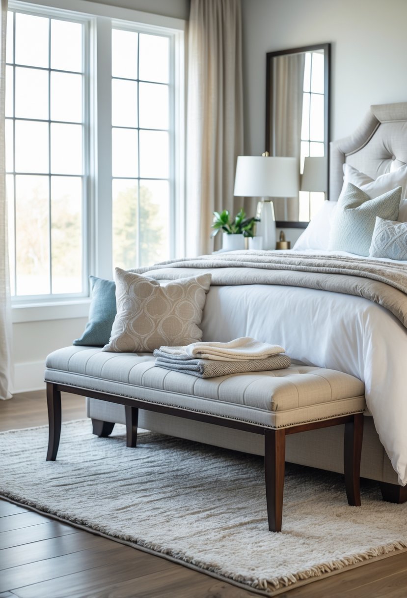 How to Style a Bedroom Bench Like a Designer: Expert Ideas & Tips 6 A bedroom with a bench placed at the foot of the bed, decorated with cushions and a throw, with natural light coming through windows.