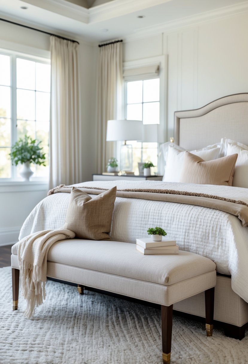 How to Style a Bedroom Bench Like a Designer: Expert Ideas & Tips 7 A bedroom with a bench at the foot of the bed, featuring pillows and a throw blanket, with natural light coming through a window.