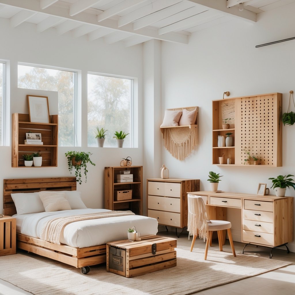 A bedroom with 15 different handmade furniture pieces including a bed, shelves, desk, chair, and storage units, all made from wood and natural materials.