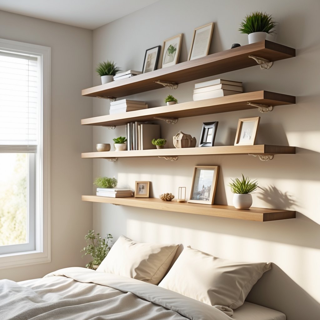 A bedroom wall with floating wooden shelves holding books, plants, and decorative items above a bed.