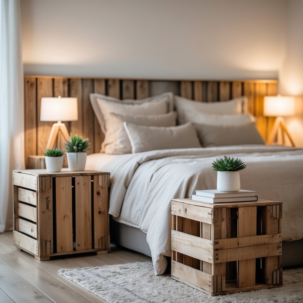 A bedroom with two wooden crate nightstands beside a bed, each holding a lamp, books, and a small plant.