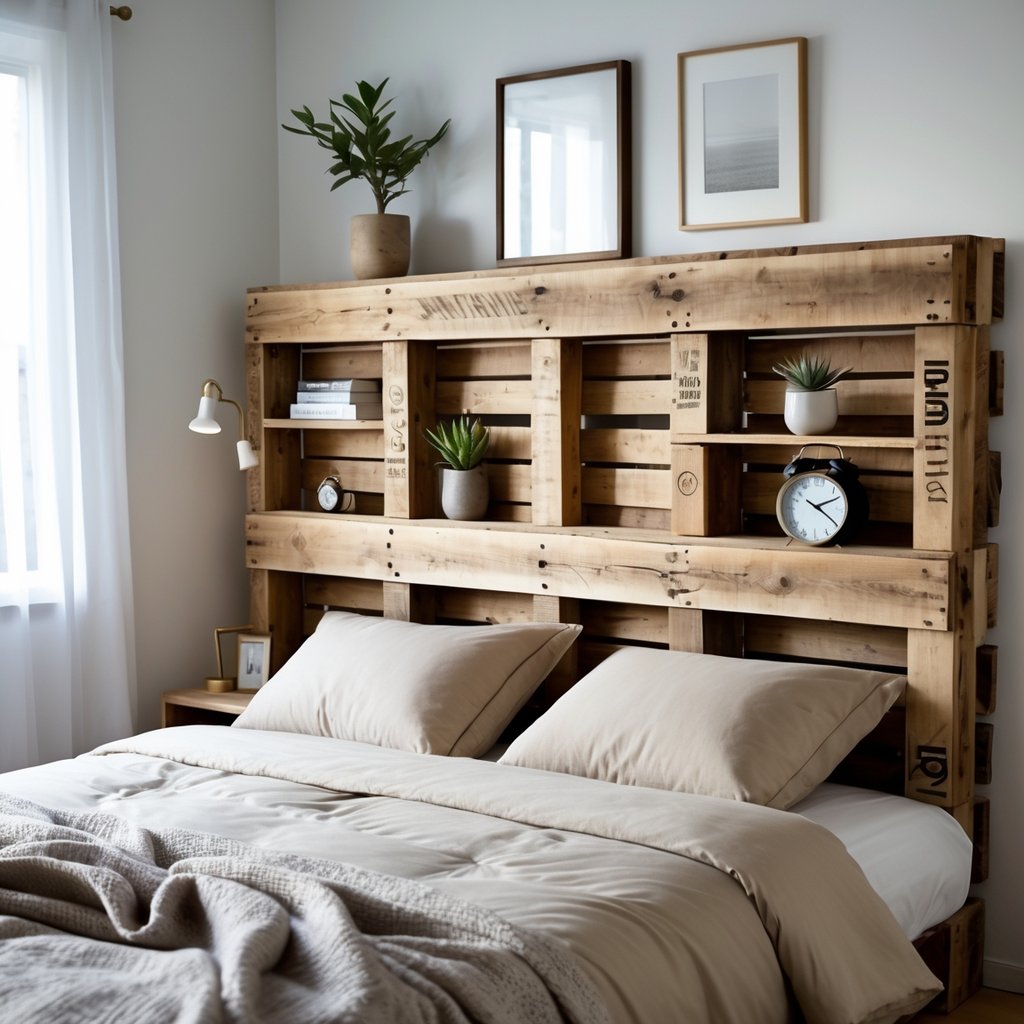 A bedroom with a wooden pallet headboard that has built-in shelves holding books and a plant, with a neatly made bed and soft natural light.