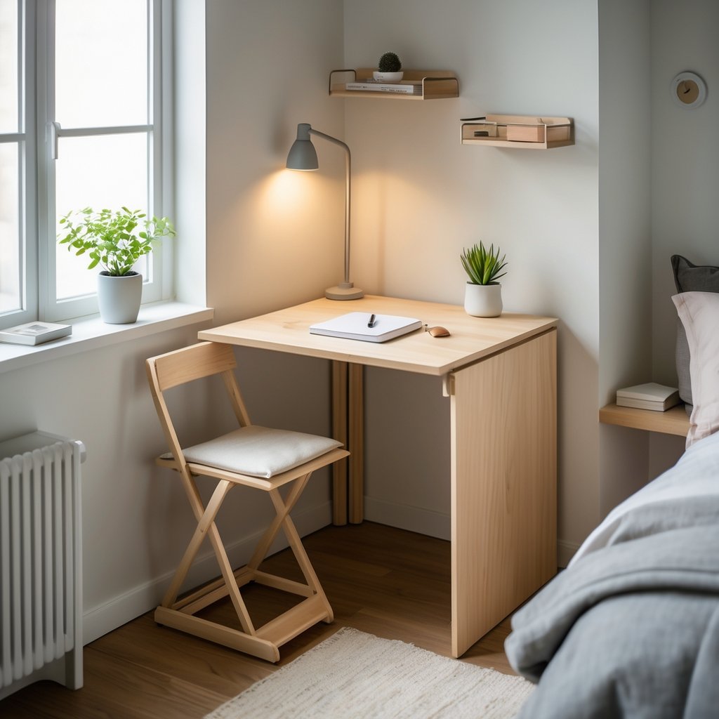 A small bedroom with a corner folding desk set up, featuring a chair, lamp, and plant on the desk.