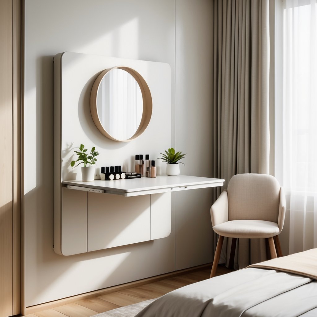 A bedroom with a wall-mounted foldable vanity table extended, showing a mirror and makeup items on the table.