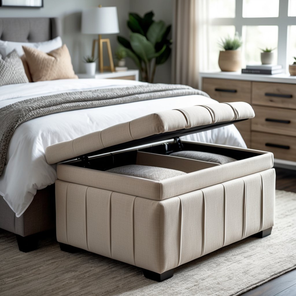 A bedroom with a soft upholstered storage ottoman open to show inside, next to a bed and bedside table.