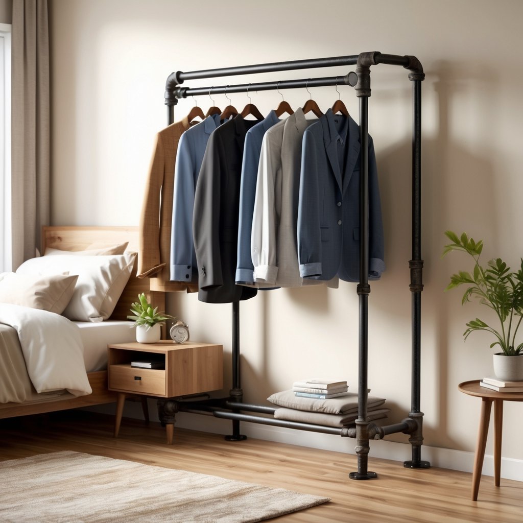 Bedroom with an industrial pipe clothing rack holding clothes, a bed, nightstand, and natural light coming through a window.
