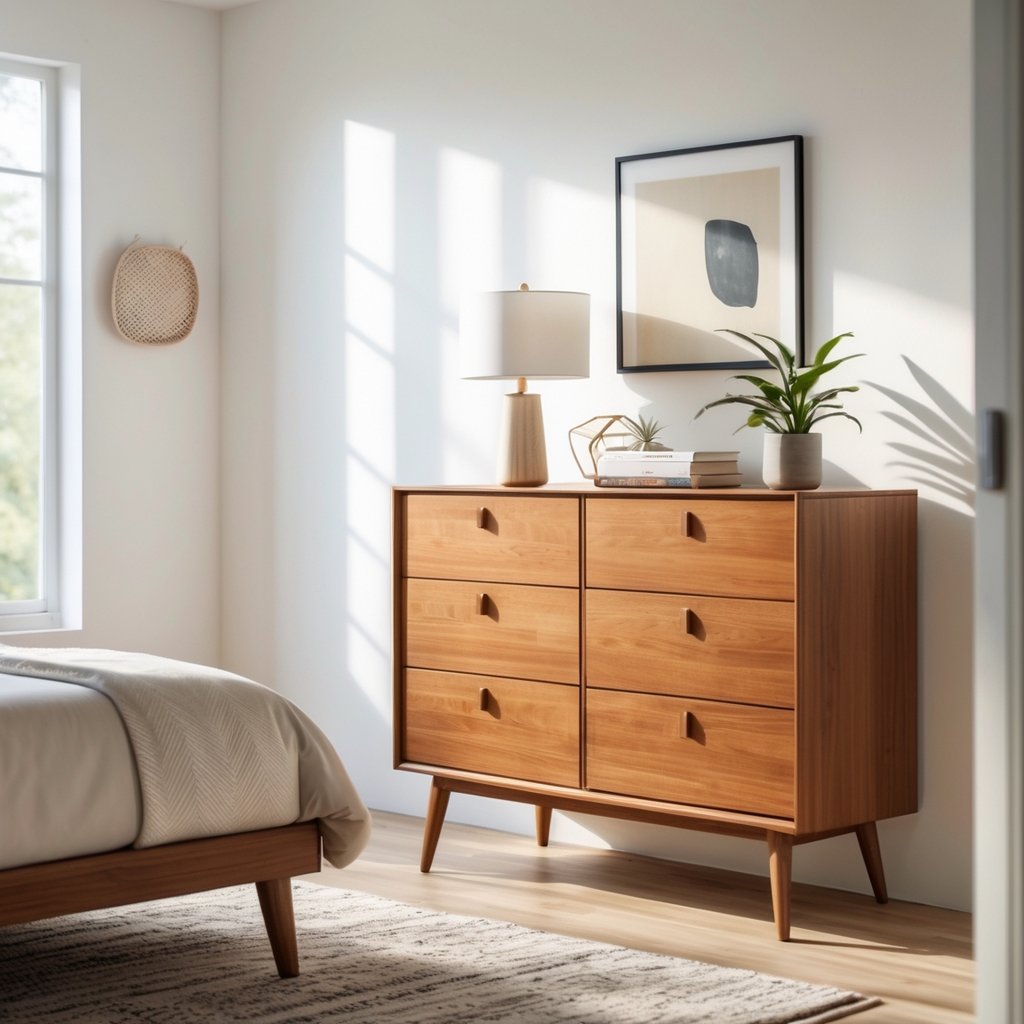 A wooden dresser with drawers in a bright bedroom next to a bed and decorated with a lamp and plant.