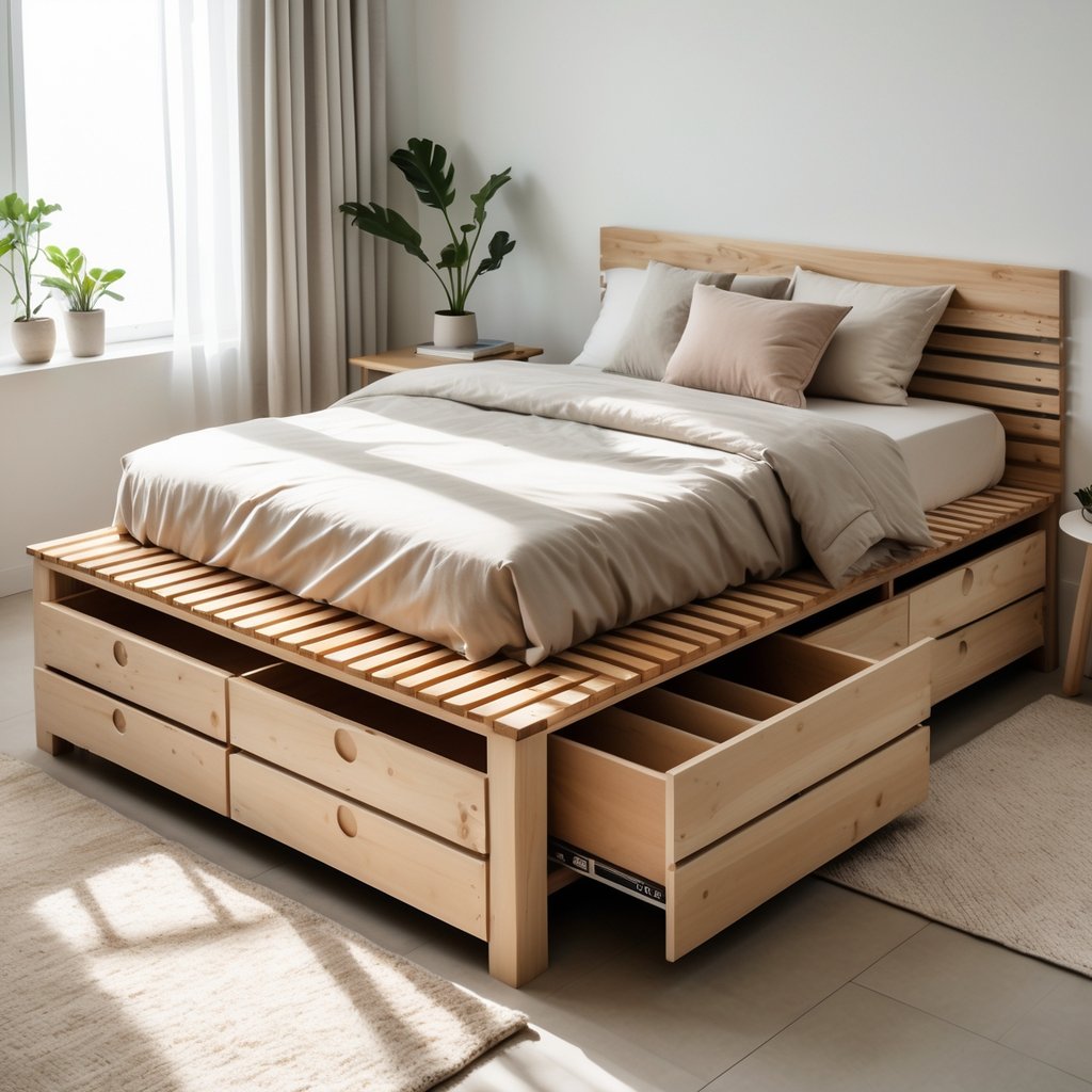 A bedroom with a wooden slat bed base featuring storage drawers underneath, made up bed, and natural light coming through a window.