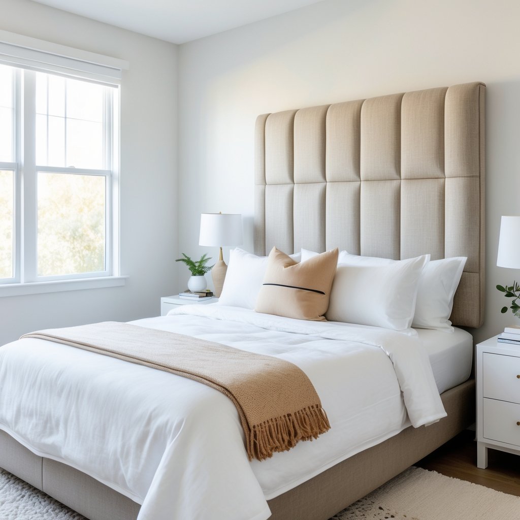 A bedroom with a bed featuring a fabric-covered headboard, white bedding, and bedside tables with a lamp and plant.
