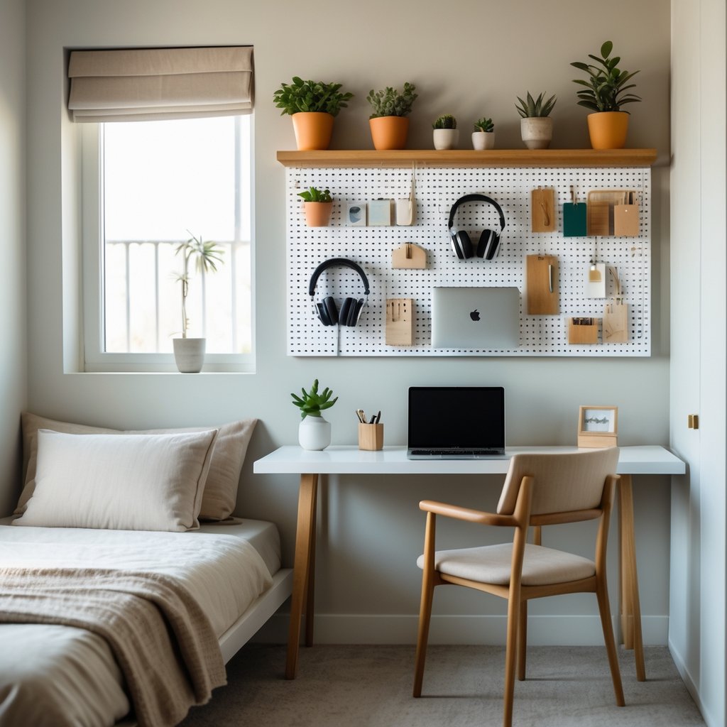 A bedroom with a pegboard wall organizer above a desk holding various accessories and decor items.