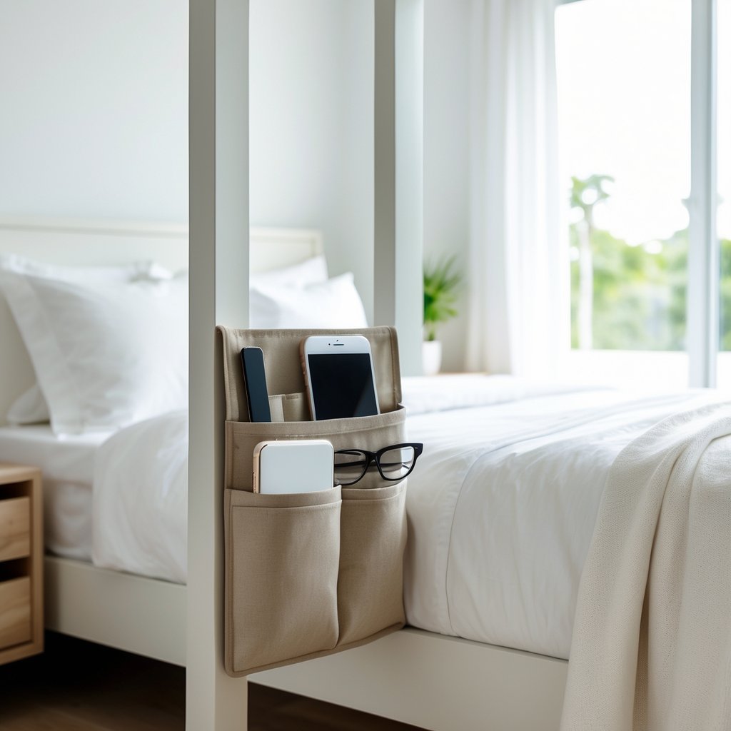 A bedside caddy hanging on a bed frame in a bright bedroom holding a book, smartphone, and glasses next to a bed with white linens.