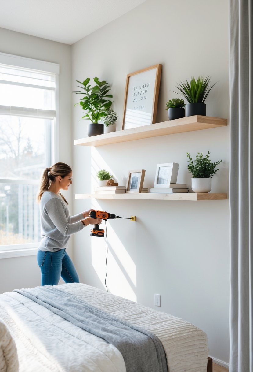A person installing floating shelves on a bedroom wall with decorative items arranged on the shelves.