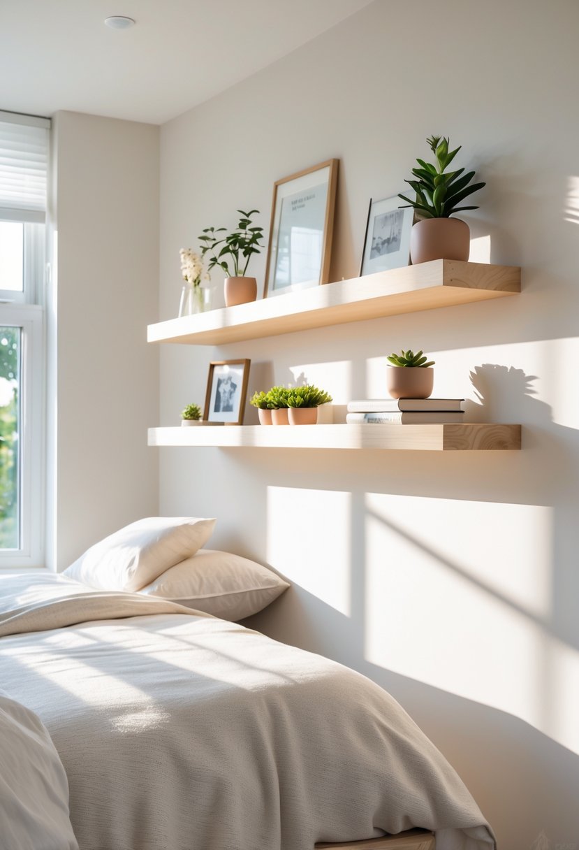 A bedroom wall with floating shelves displaying plants, books, and decor items next to a bed with neutral bedding.
