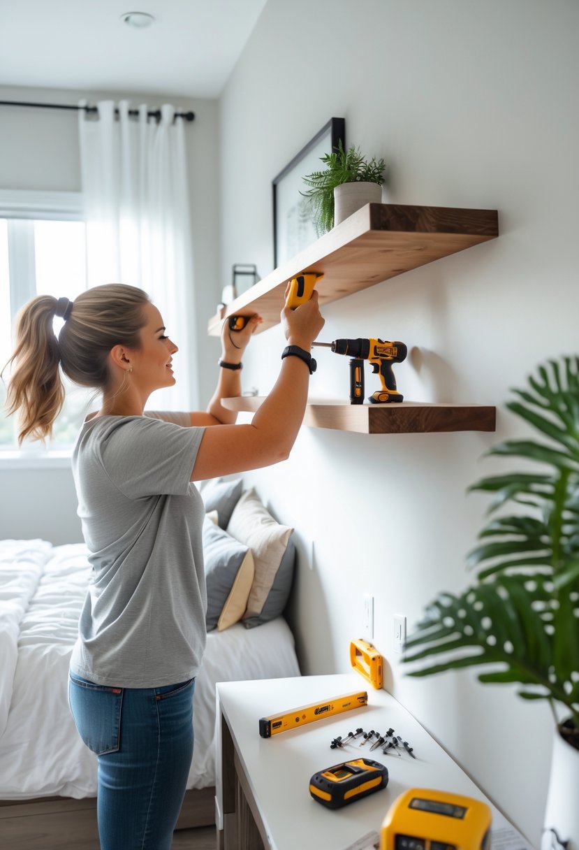 Person installing floating shelves on a bedroom wall with tools and a bed in the background.