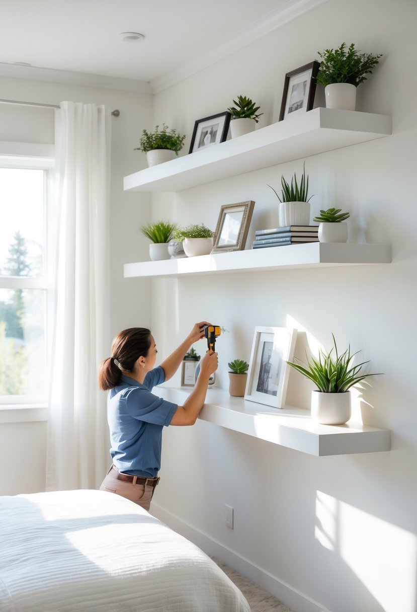 A person adjusting white floating shelves in a bright bedroom with decorative items on the shelves.
